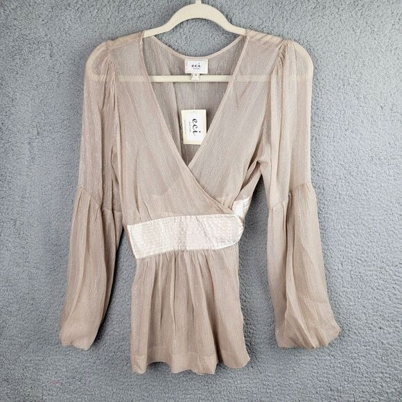 Eci Wrap Blouse 10 Tan Sheer Shimmer Metallic Peplum Lagenlook Easter Spring NWT - Picture 1 of 9